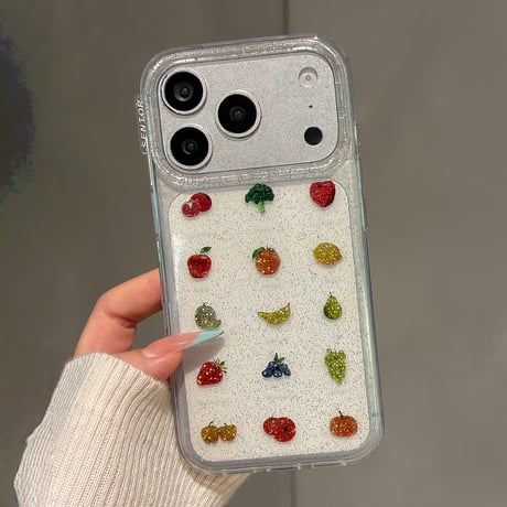 ラメ果物柄 iPhone17Pro/17ケース キラキラ感 iPhone16Pro/15ケース かわいい 春夏コーデ[M6320]