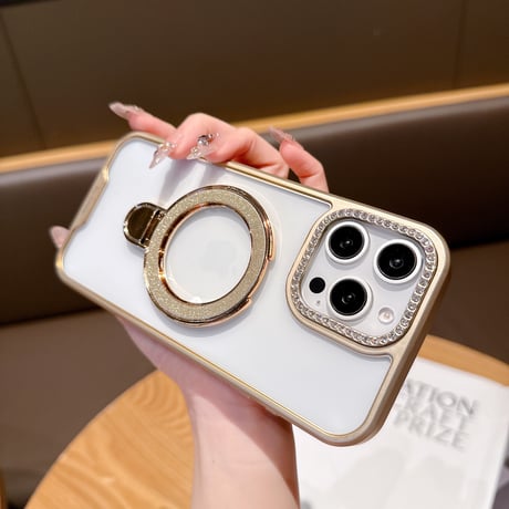 キラキラリングスタンド iPhone17Pro/16カバー ジュエリーデコ iPhone15promax/14proカバー メタルカラー 黄ばまない[M5571]