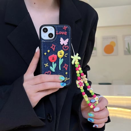 デニム 草花柄 アイフォン14plus/14proケース  刺繡  iphone13/12/11カバー  高品質  高級感 ガールズに人気 [M2248]