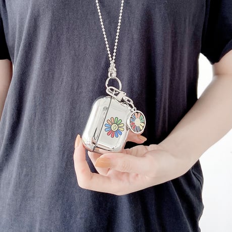 花柄 エアーポッズプロ2/1ケース flowerキーホルダー airpodsproカバー 可愛い チェーン付き 銀色 ツヤ感鏡面M443