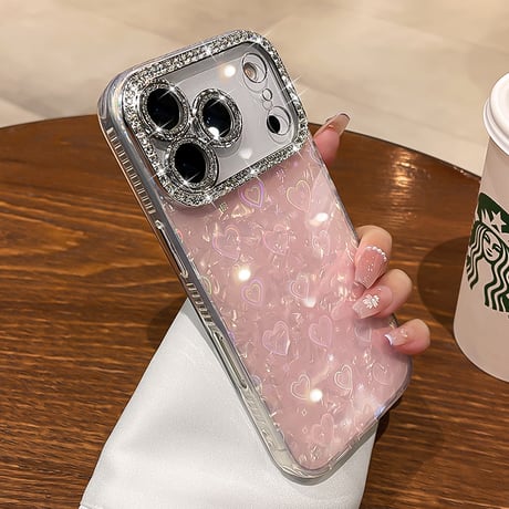 ジュエリーカメラカバー iPhone17Pro/17ケース シェル柄 キラキラハート入り iPhone17promax/Air/16proケース 大人可愛い 美しい[M5722]