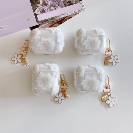 春夏 Airpods4ケース 白花柄  Airpods3/Pro2ケース airpodspro2カバー  花キーチェーン付 女子力高い 淡色系[M5204]