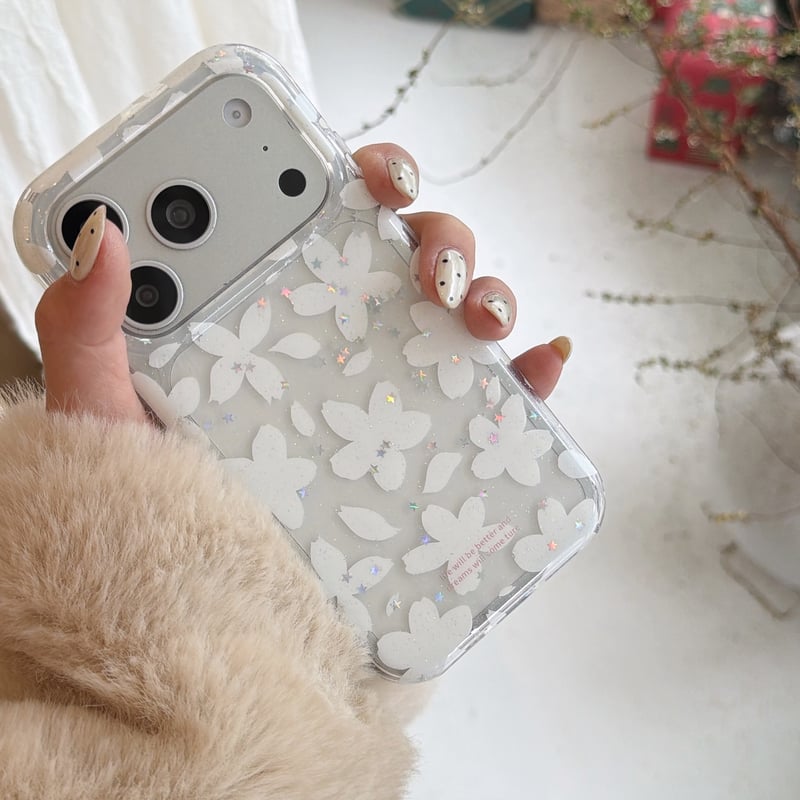 韓国っぽ iPhone17pro/17ケース 白花 レースリボンキーホルダー
