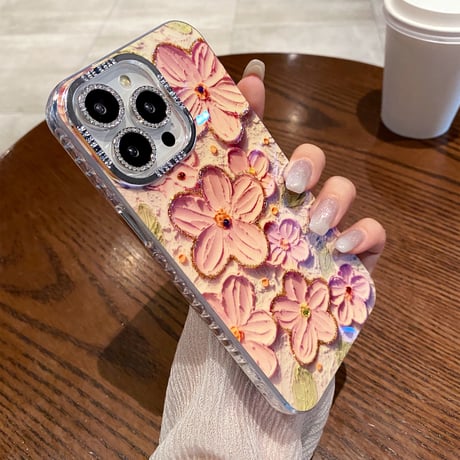 油絵花 iPhone15/15proケース キラキラ レンズフィルム付き iphone14/13/12proカバー きれい 女子力アップ[M3848]