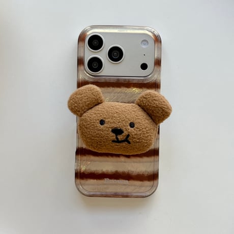 熊グリップ iPhone17/17Proケース シック縞模様 アイフォン16ProMax/15Pro/14カバー  スタンド機能 可愛い[M5912]