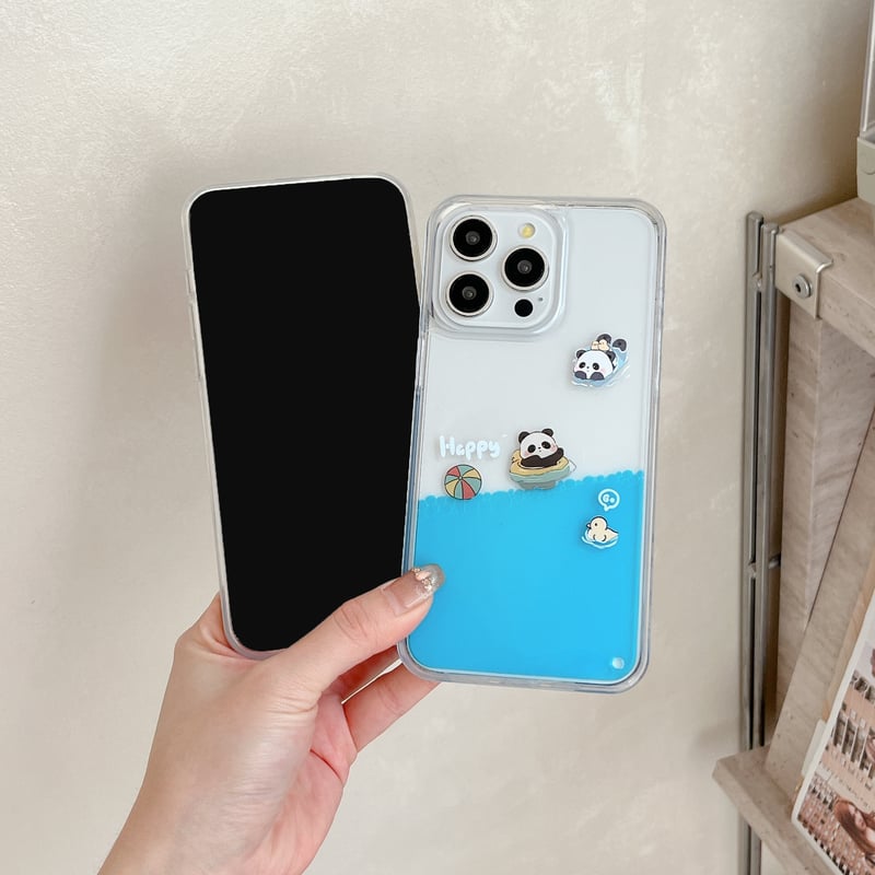 動くパンダ/アップル iPhone15/15proケース 液体入り アイフォン14プロ