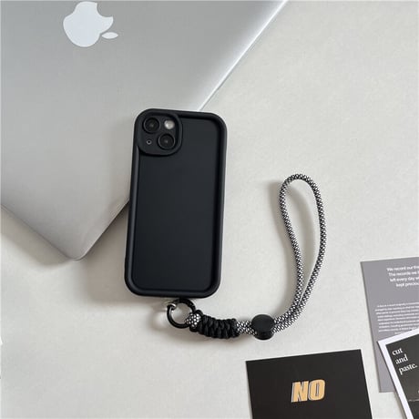 ストラップ付 無地iPhone15/14ケース シンプル風 アイフォン13/12/11proカバー 落下防止 紐取り外し可[M3414]