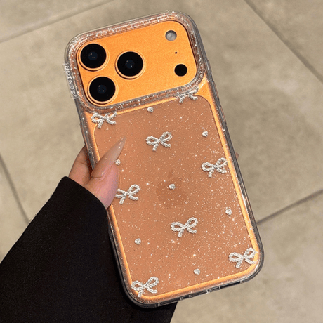 ラメリボン iPhone17/17Proケース キラキラ 透明 アイフォン16ProMax/15Pro/14カバー  ガールズファッション 可愛い[M5910]