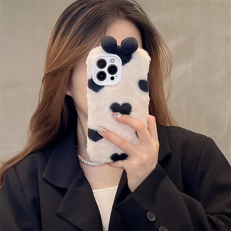 秋冬 リボン付 iphone14/14proケース ハート柄  アイフォン13/12/11カバー 柔らかい温かい  かわいい  ガールズに人気[M2266]