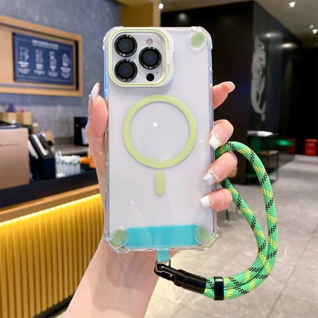 ストラップ付 iPhone16pro/17ケース Magsafe充電 スタンド付 iphone15pro/14pro/13カバー 透明 耐衝撃 [M5449]