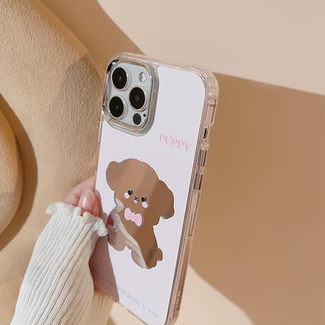 鏡 iPhone15/15Proケース 犬ちゃん ピンク iPhone14Pro/13/12カバー かわいい ト便利 ギフトにおすすめ [M3804]