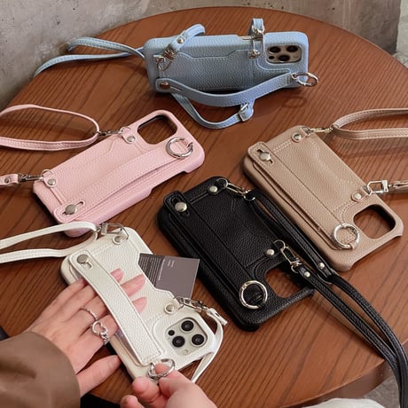 革製 iphoneSE3/13miniケース  背面型カード入れ/ベルト/長いストラップ付  iphone11pro/12miniカバー  高品質  頑丈 多機能[M1893]
