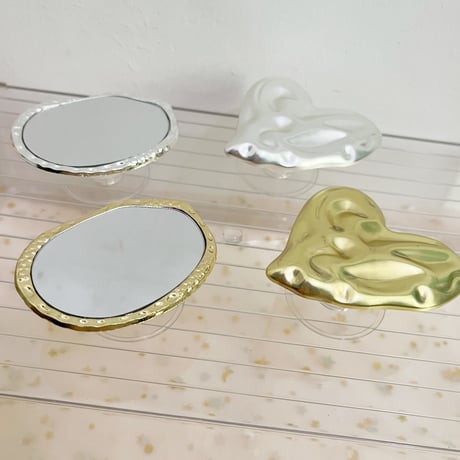 鏡/ハート スマホグリップ  金属 オシャレ シック スタンド 可愛い 粘着タイプ/マグネットタイプ 可愛い 実用 ギフトにおすすめ[M4541]