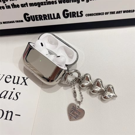 ハートチャーム Airpods 4ケース ショルダーチェーン  Airpodspro2/proカバー Airpods3/2 つや感シルバー オシャレ[M4754]