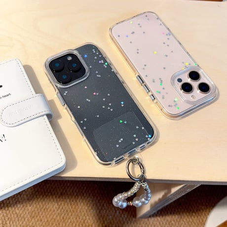 ハートグリッター iPhone16pro/16ケース  高透明 パールストラップ iPhone15pro/14/13カバー  可愛い 高級感たっぷり[M5219]