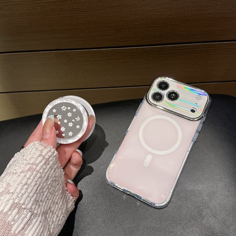 花柄ミラーグリップ iPhone17/17Proケース MagSafe対応 iPhone16Pro/15pro/14ProMaxケース 光る カメラ保護[M6410]