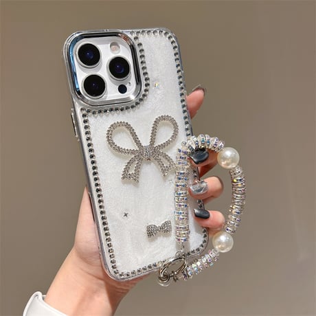 ジュエリーリボン アイフォン16/16proケース パールストラップ iPhone15pro/14/13proカバー  可愛い 高級感[M5298]