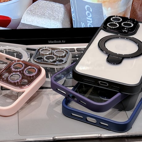 コスパ最強 iPhone15pro/15promaxケース  MagSafeリングスタンド キラキラレンズフイルム iphone14/13pro/12カバー 耐衝撃 黄ばまない[M4110]