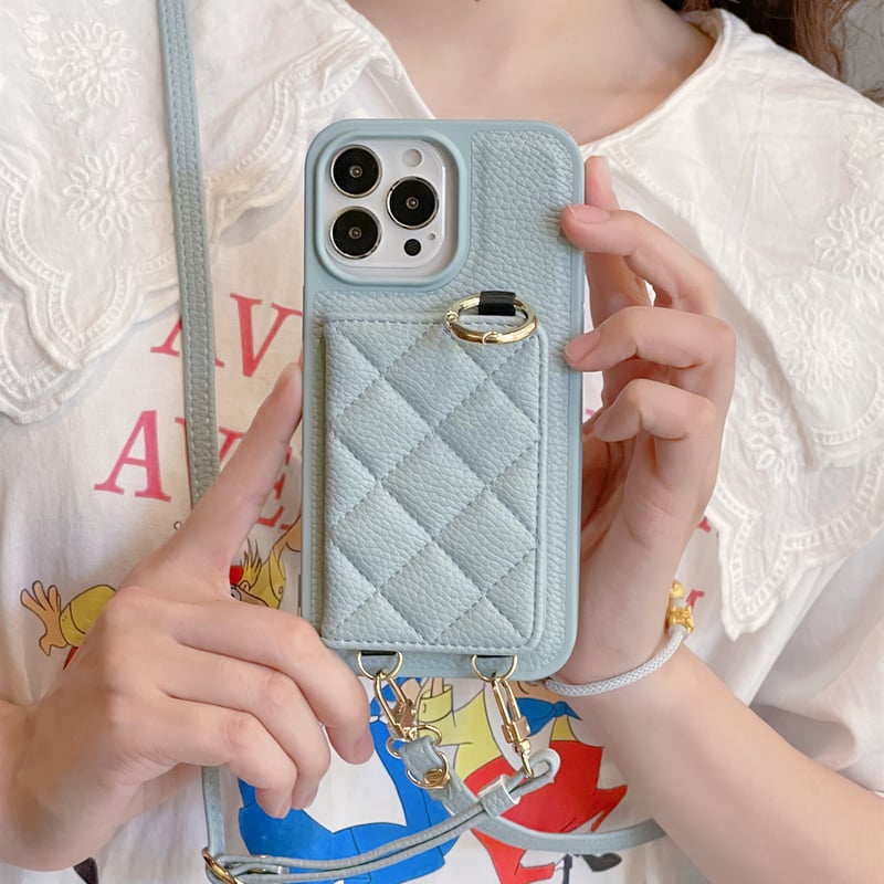 iPhone15/14proケース カード収納 鏡付き ショルダー付 エレガント