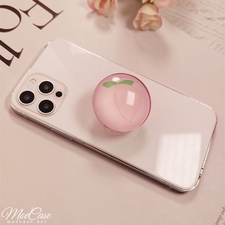 クリスタル スマホグリップスタンド イチゴ/ピーチ/黒花/牛柄 かわいい 粘着タイプ キラキラ 全機種対応 オシャレ トレンド[M3107]