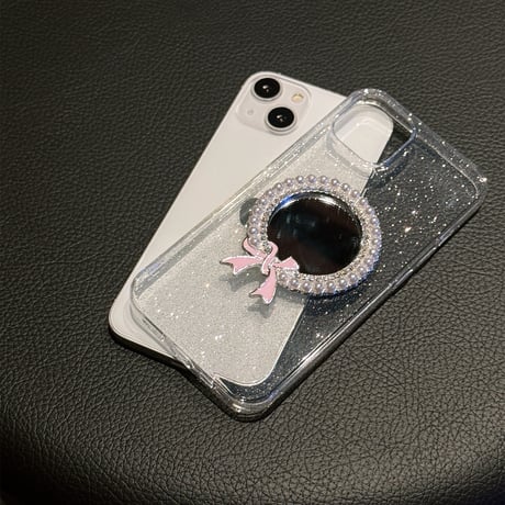 パール鏡付 iPhone15pro/15promaxケース キラキララメ入り iPhone14pro/13promaxケース 黄ばまない 可愛い [M4264]
