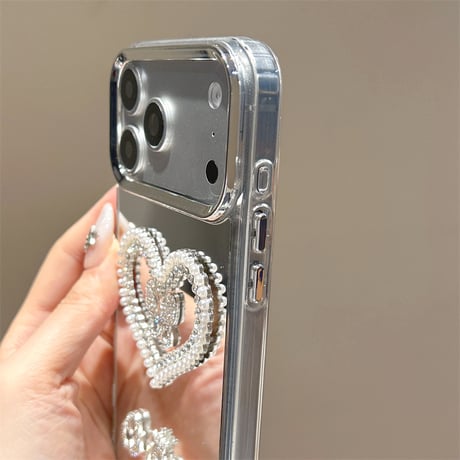 パールハート ミラー iPhone17Pro/17ケース ジュエリーデコ iPhone16Pro/15Pro/14カバー 綺麗 ストラップ オシャレ [M6027]