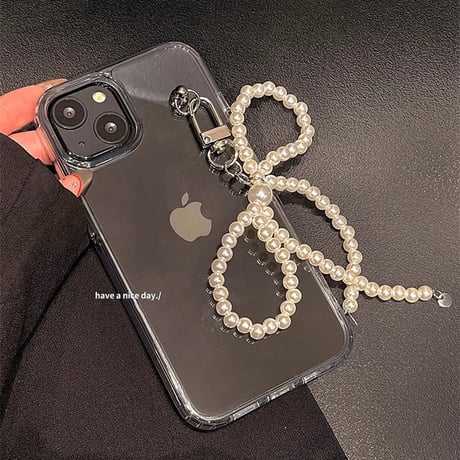 真珠リボン iPhone15/15Proケース 可愛いクリア黄ばまない iPhone14Pro/13/12カバー 女子力アップ ギフトにおすすめ [M3812]
