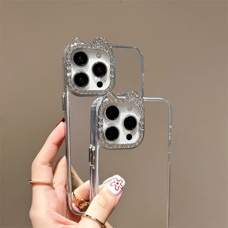 ジュエリーリボン 鏡 iPhone17/16proケース キラキラ 大人可愛い iPhone15Pro/14/13カバー 綺麗 便利 [M5660]