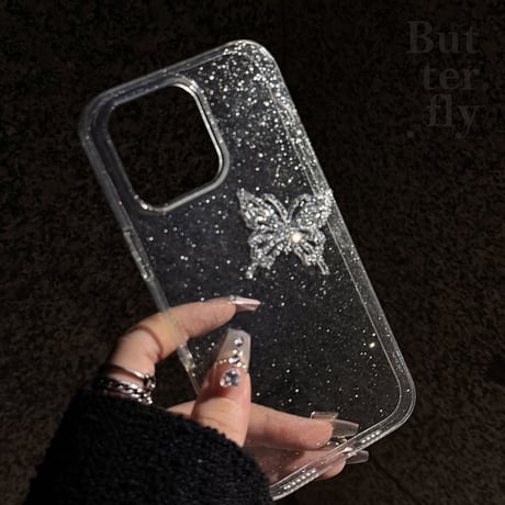 ジュエリー蝶 iPhone16pro/15promaxケース キラキララメ iPhone14/13pro/12カバー 大人可愛い 高級感[M5237]