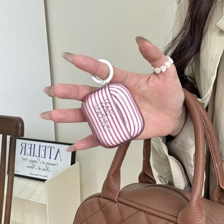 ピンク縞模様 Airpods 4ケース リング付 Airpodspro2/proカバー エアーポッズ第3/2世代 シック 女子力アップ[M5087]