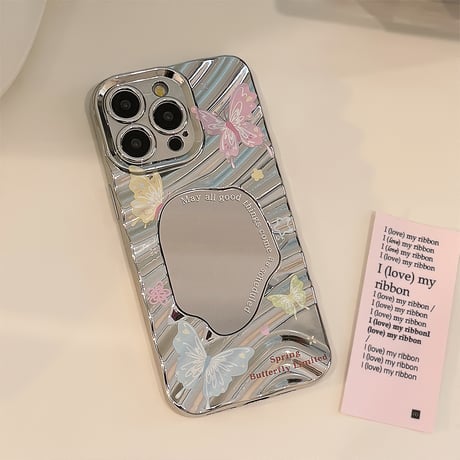 ジュエリーストラップ iPhone15pro/15ケース 鏡付き蝶柄 アイフォン14pro/13promax/12カバー 可愛い 女子力アップ[M4316]