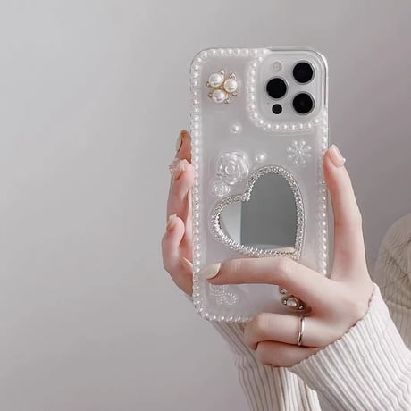 パール 鏡 iPhone15/15pro/15plusケース 可愛い iPhone14pro/13mini/12proカバー きれいめコーデ ギフトに最適 [M4041]