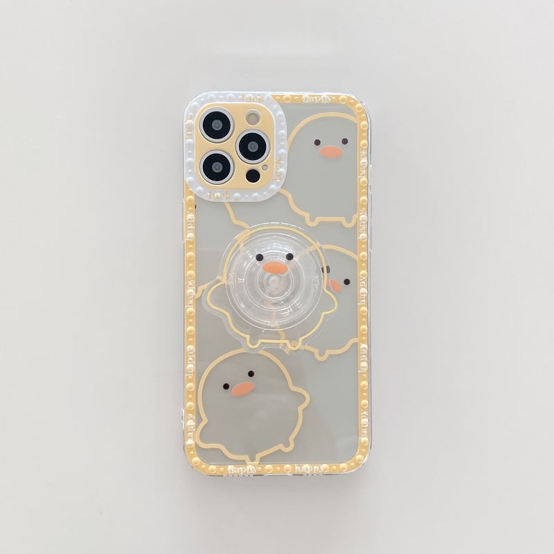ひよこグリップ付 iphone12mini/12proケース HAPPYひな鳥柄 iphon ひよこグリップ付 iphone12mini/12proケース HAPPYひな鳥柄 iphon
