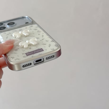 淡色系 iPhone17Pro/17ケース リボンデコ 草花柄 iPhone17ProMax/16Pro/15カバー キュート ガーリーファッション 韓国っぽ[M6083]