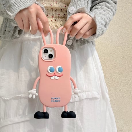 ウサギ iPhone14/13ケース ピンク シリコンアイフォン12/11カバー かわいい 耳持ち手 頑丈 プレゼントにおすすめ  [M3117]