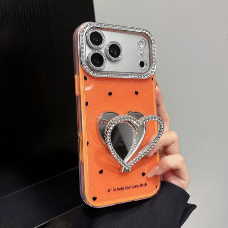 ミラーリングスタンド付 iPhone17Pro/17ケース カメラカバー付き iPhone16Pro/15/14ケース ハート柄 2層構造[M6256]