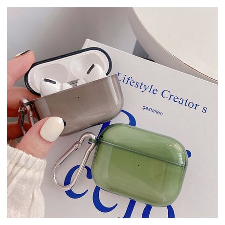 シンプル艶カラー airpods3ケース  透明 airpodsプロカバー  カラビナ付き 使いやすい  グレー グリーン頑丈 M1381