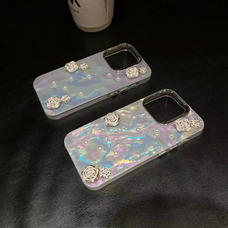 花パール iPhone15/15proケース  キラキラ シェル風 iphone14/13/12proカバー 綺麗 女子力アップ [M4039]