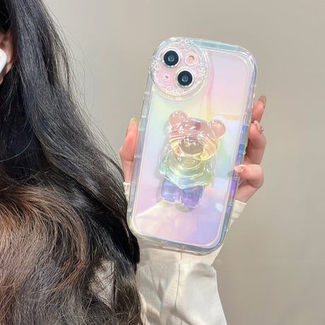 キラキラクマさんグリップ付 iphone14/13proケース  レインボーカラー iphone12/11カバー  可愛い  お洒落 多機能 綺麗透明感[M2181]
