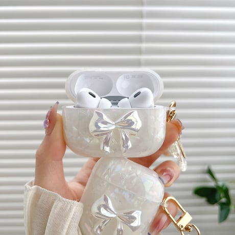 【Airpods 4】キラキラリボン AirpodsPro2ケース 貝殻紋 airpods3/2/1ケース  オシャレリボンアクセサリー付 ソフト ギフトに最適 [M2676]