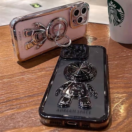 宇宙飛行士リング付 iPhone15/14proケース メッキクリアアイフォン13/12/11proカバー スタンド 便利 艶あり セレブ愛用 [M2637]