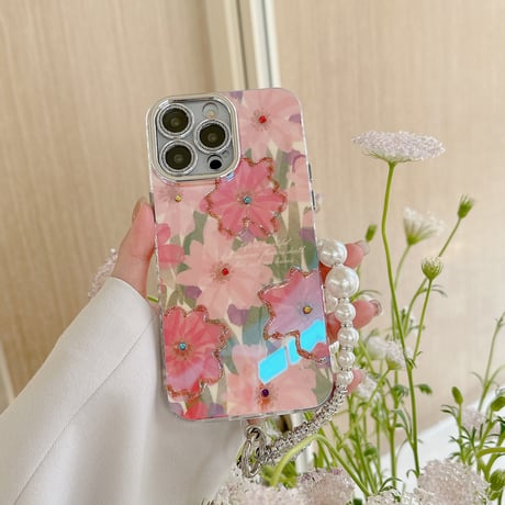 光る花柄 iPhone15/15proケース パールストラップ付 iPhone14pro/13promax/12ケース 可愛い 春夏コーデ[M4111]