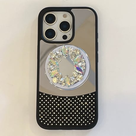 Magsafe充電 ミラーiPhone16Pro/16ケース ダイヤデコ鏡付グリップ iPhone15Pro/14Pro/13ケース 上品 スタンド 高級感 [M5460]