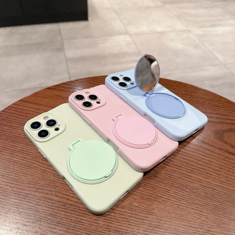スタンド機能鏡付 iPhone16Pro/16plusケース パステルカラー iPhone15promax/14/13カバー 多機能 シンプル カメラ保護 [M5421]