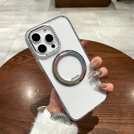 高級感 iPhone16pro/16ケース ラメ入り虹色リングスタンド iPhone15promax/14proカバー ジュエリーデコ 高透明高品質 [M5275]