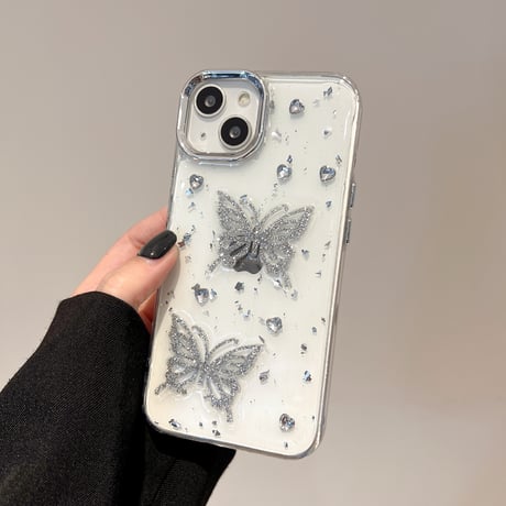 ラメ蝶々 アイフォン16pro/15ケース ダイヤ ハンドメイド iPhone14/13pro/12カバー 大人可愛い 春夏向け[M5175]