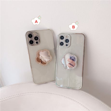 ミラーポップソケット付 iphone12/11ケース  スタンド 透明iphoneXS/SE2カバー  軽量持ちやすい ツヤ感ありファッションM418