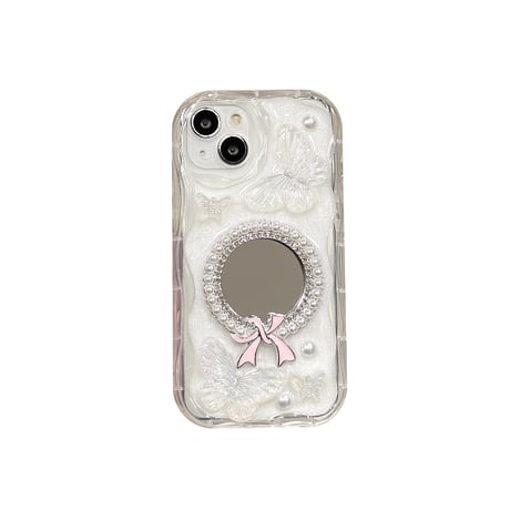 女子力アップ アイフォン15プロ/15カバー 鏡付 蝶クリアiPhone14Pro/13/12ケース お洒落 [M4303]