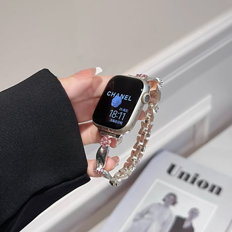 高級感花 Applewatchバンド ストーンデコ きれいアップルウォッチバンド Ultra2/1/SE2/1/Series9/8/7/6/5 ガールズファッション[M5312]