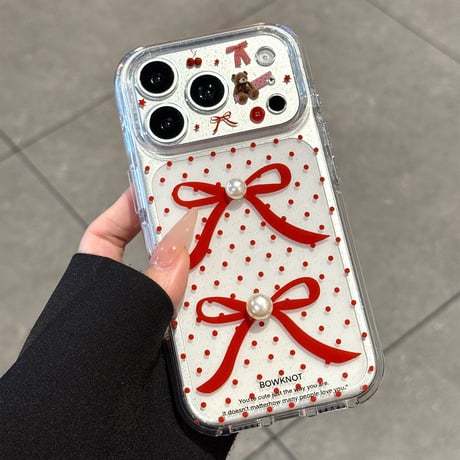 パールリボン iPhone17Pro/17ケース 熊ちゃんカメラカバー iPhone17ProMax/16Pro/15カバー 水玉模様 可愛すぎ [M6046]